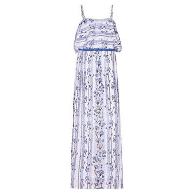 blue Floral Print Belted Maxi Dress